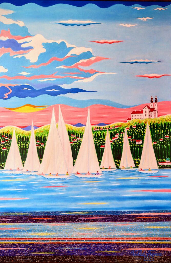 Vollein Ferenc: A Tihanyi Bencés Apátság látképe vitorlásokkal (2025, olaj-vászon 100x70 cm)