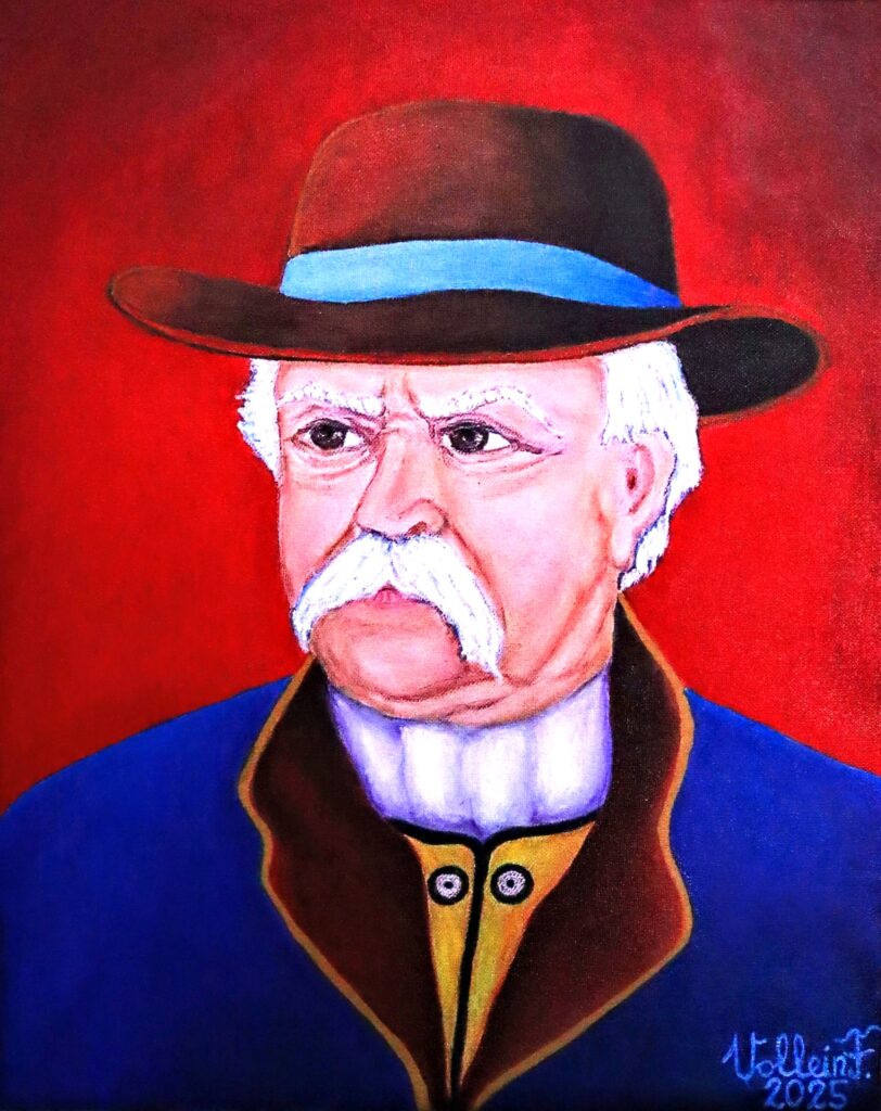 Vollein Ferenc: A kalapos Deák Ferenc portréja (2025, olaj-vászon 50x40 cm)