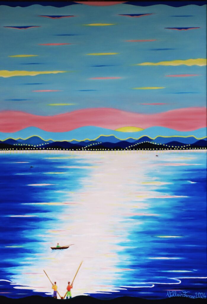 Vollein Ferenc: Alkonyi fényhíd horgászokkal (2024, olaj-vászon100x70 cm)
