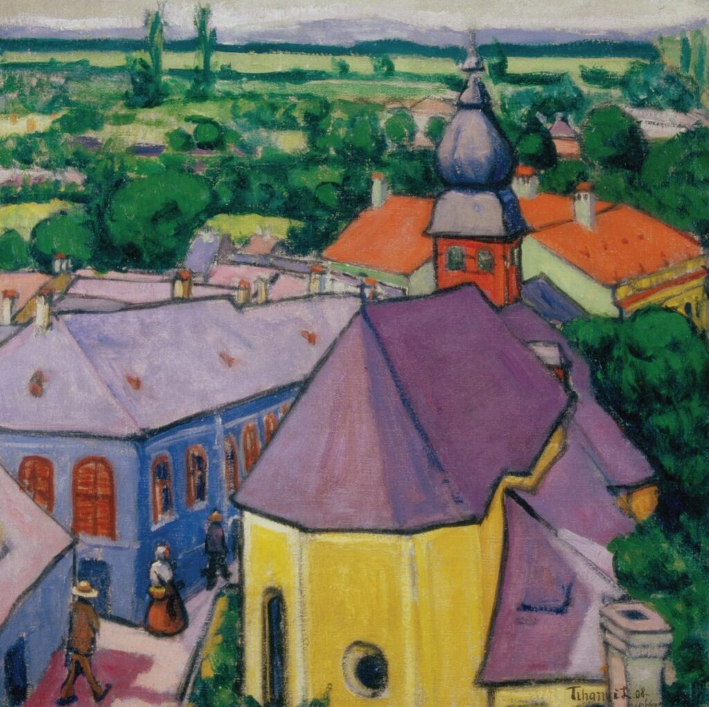 Tihanyi Lajos: Tájkép toronyból (1908) Nagybányai korszakának egyik legszebb műve. Lendületes ecsetkezelés, vibráló színek és izzó fények jellemzik.