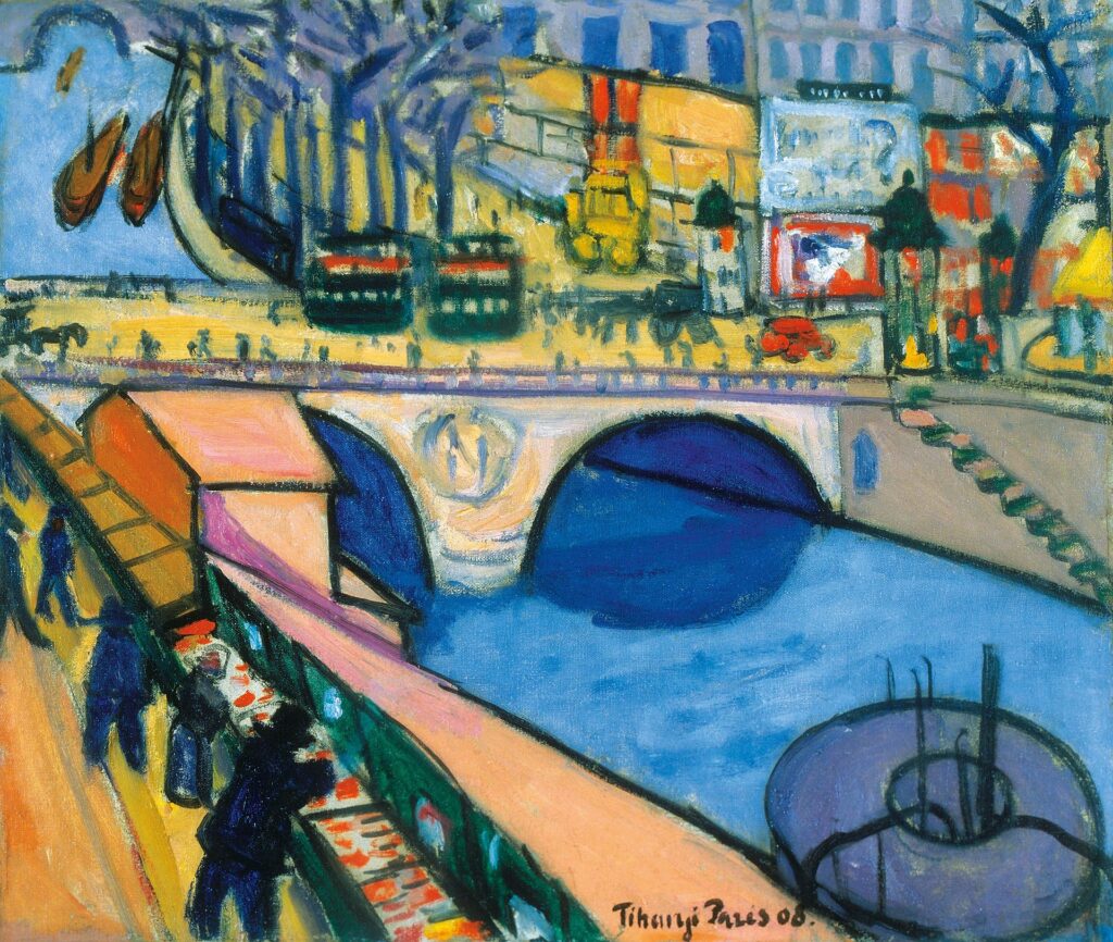 Tihanyi Lajos: Pont Saint-Michel (1908) A párizsi városkép modern ritmusát, a nagyvárosi élet lüktetését rögzíti. A francia fauve-ok és a posztimpresszionizmus hatása egyaránt érzékelhető.
